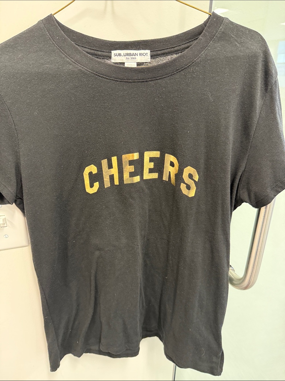 Sub_Urban Riot Women Black Tee with Gold "CHEERS" Graphic